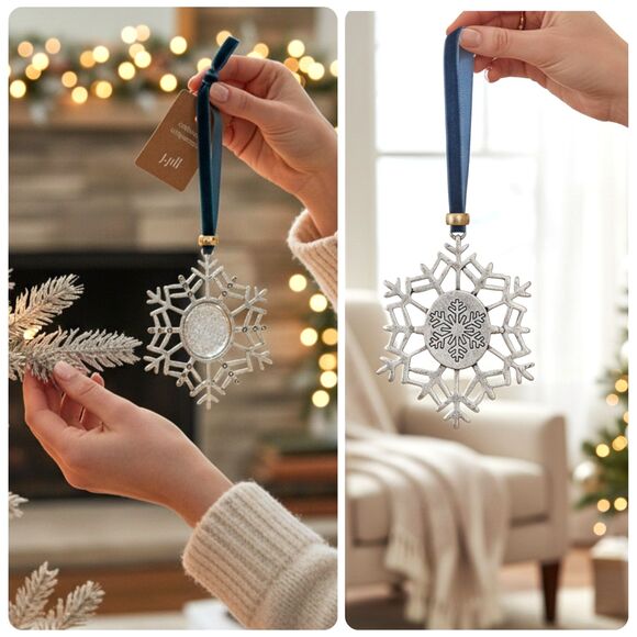 J. Jill Snowfall Photo Ornament Snowflake Silver Tone Velvet Ribbon Keepsake NWT - Picture 1 of 10